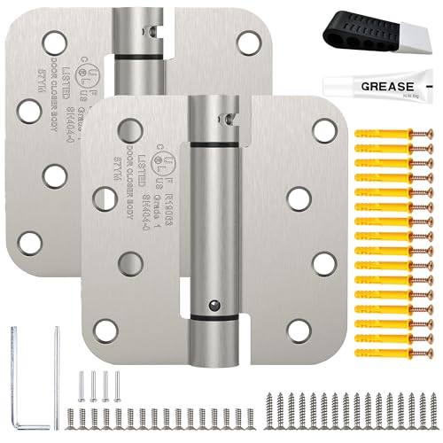 2 Pack 4 Inch Self Closing Door Hinges Kit, Satin Nickel | Spring loaded; includes door stopper, lubricant and 16 anchors; 5/8" radius; adjustable tension; UL listed - color: Satin Nickel - kit, size: 4" (2 Pack)