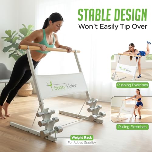 Portable Folding Exercise Bar for Barre, Balance and Ballet Home Workouts | Authentic Booty Kicker, Strong Freestanding Stable Design, Solid Steel and Wood Workout Equipment - color: White