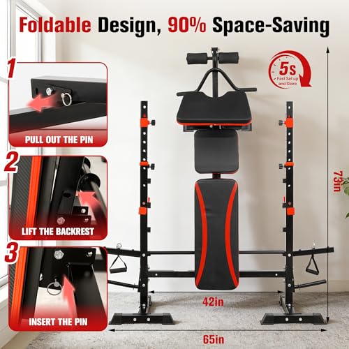 Foldable 1500LBS 8 IN 1 Olympic Weight Bench Set with Squat Rack, Leg Extension/Curl & Preacher Curl, Adjustable Bench Press Set with Safety Bar Catches for Home Gym Full Body Workout - color: magenta