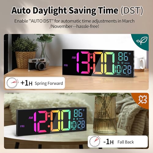 16.5" Digital Wall Clock with Bluetooth Auto-Sync, Large LED Display, Smart Auto Dimming, DST, Remote Control, Night Light, Date & Temperature for Living Room, Black - color: Black-multicolor