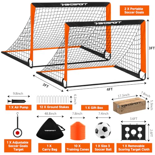 2 Pack Kids Soccer Goals for Backyard Set, 4x3 ft Portable Pop Up Soccer Goal, Kids Soccer Net Training Equipment with Soccer Target, Ball, Cones, for Ages 3-12 Outdoor Sports Games Gifts - color: Black Orange