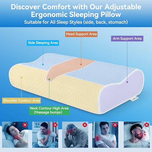 Cervical Neck Pillow King Size - Cooling Adjustable Sandwich Dynamic Memory Foam Pillows for Sleeping, Contour Pillow Ergonomic Orthopedic for Side, Back & Stomach Sleepers Soft, White - size: King Size 27.5"L x 15.7"W Soft