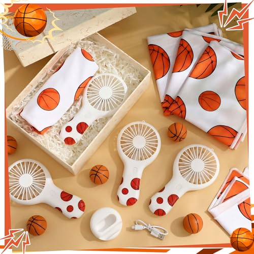 Woanger 24 Pcs Basketball Cooling Towels and Fans Sets Mini Handheld Fans Bulk 3 Speeds USB Lash Towel for Sporting Basketball Gifts for Team Games Party Favor - style: Basketball