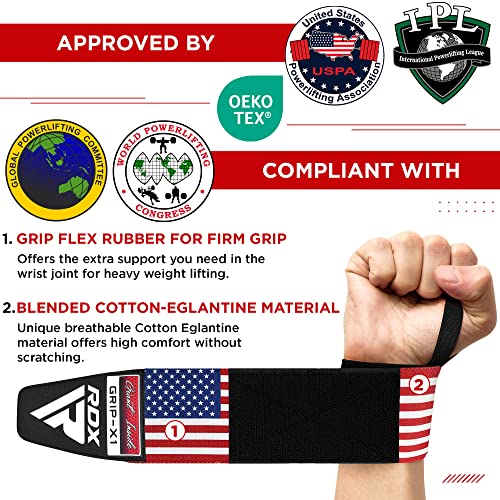 RDX Wrist Wraps for Weightlifting (Pair), IPL USPA Approved, Elasticated 18” Cotton Straps Support with Thumb Loop, Gym Wrap for Weight Lifting Powerlifting Competition Strength Training Bodybuilding - color: USA Flag