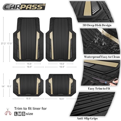 CAR PASS Heavy Duty Rubber Car Mats Metallic, Aluminum Film All Weather Floor Mats Waterproof Universal Trim to Fit for SUV Sedan Van 4 Piece Deep Dish Two-Tone Sporty Black Golden Chrome - color: Black and Golden