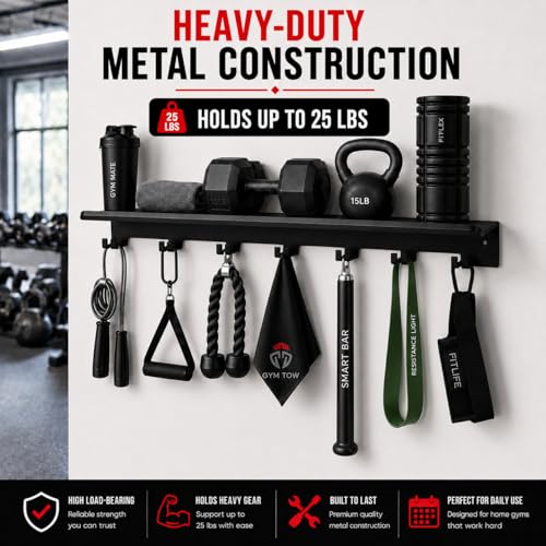Home Gym Floating Shelf Compatible with Tonal Accessories, Heavy Duty Wall Mount Workout Storage Rack & Organizer Holder with 7 T-Lock Hooks for Smart Handles, Bar and Rope - size: 1-Tier