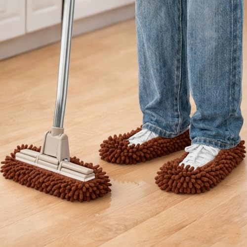 1 Pair Floor Cleaning Mop Slippers Set, Slip On Mopping Accessories for Indoor Household Floor Care and Daily Cleaning Tasks(Brown) - color: Brown