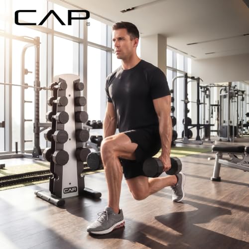 CAP Rubber Coated Hex Dumbbell Set with Storage Rack | 100–210 lb Options, Space-Saving Vertical Compact Storage for Home Gym Strength Training - size: 210 lb - Set - Silver Rack, style: 12-Sided Black Handle
