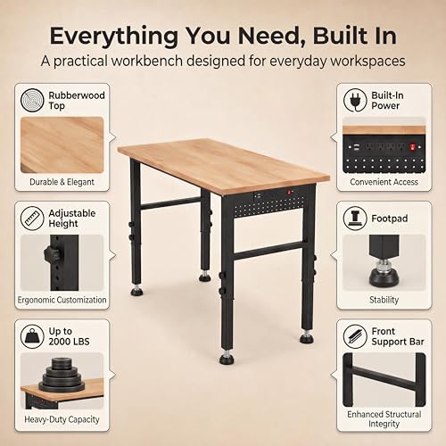 48" Workbench with Footpads, Adjustable Height Work Bench with Rubberwood Top, Built-in Power Outlet with 4 AC Outlets and 2 USB Ports, 2000 LBS Capacity for Garage, Workshop and Home