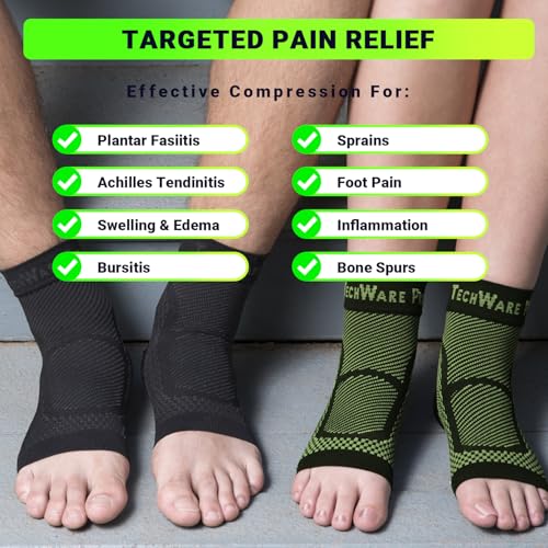 TechWare Pro Ankle Brace Compression Sleeve - Plantar Fasciitis Sock. Relieves Achilles Tendonitis. Foot Arch Support Reduces Joint Pain, Swelling & Heel Spur Pain. Injury Recovery Braces for Sports - color: Black / Green, size: XXL (see size chart)