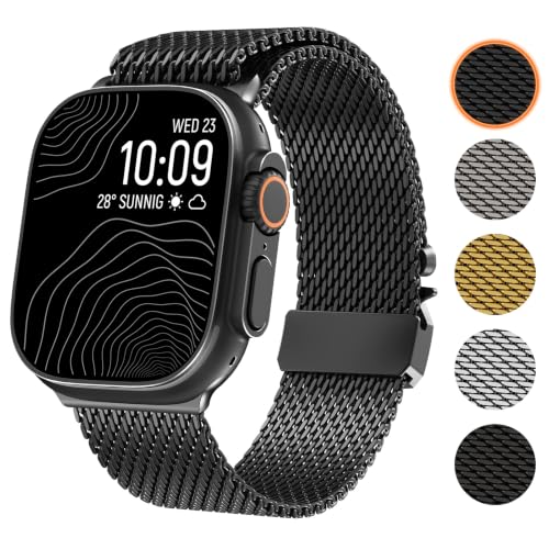 WINGLE Milanese Loop for Apple Watch Band Ultra 3/2/1 Band Ultra 49mm Series 11 10 46mm 45mm 44mm SE 3/2/1 Series 9 8 7 6 5 4 3 Men Women,Parachute-Style Buckle Stainless Steel Mesh Metal iWatch Bands - color: Black