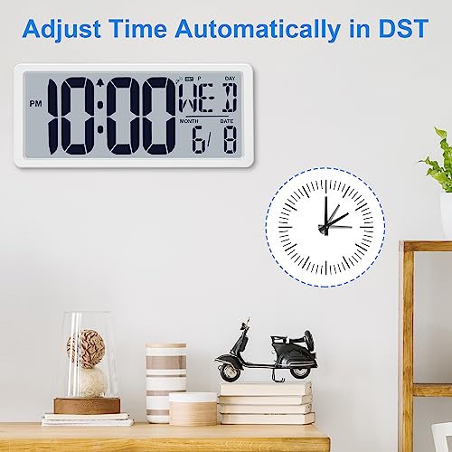 Bluetooth Time Sync Digital Wall Clock Battery Operated with Backlight, Auto DST Large Digital Wall Clock with Day, Date & Temperature, 15'' Large Digital Clock for Home, Bedroom, Office - color: White