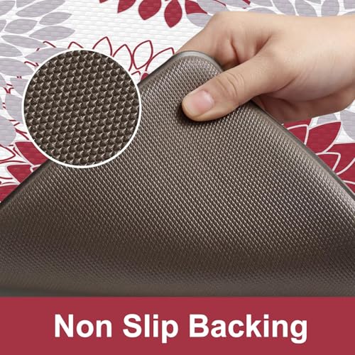 KIMODE Anti Fatigue Kitchen Mat 17.3"x29", Farmhouse Dahlia Padded Kitchen Floor Mats Non Slip, Waterproof Kitchen Mat for Floor, Comfort Standing for Laundry, Office, Sink, Desk Red and Grey - color: Red, size: 29"L x 17.3"W x 0.5"Th