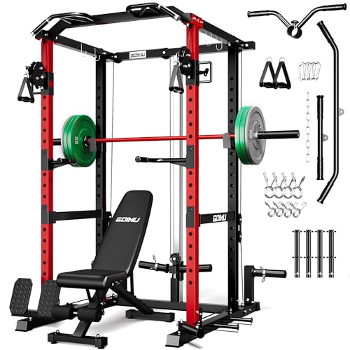 RH01 Power Cage Rack, 2000LBS Squat Rack with with Cable Crossover System&LAT Pull Down System, Multi-Function Workout Cage for Home&Garage Gym - color: Red-SE, size: RH01 Power Cage with 120LB C Weights