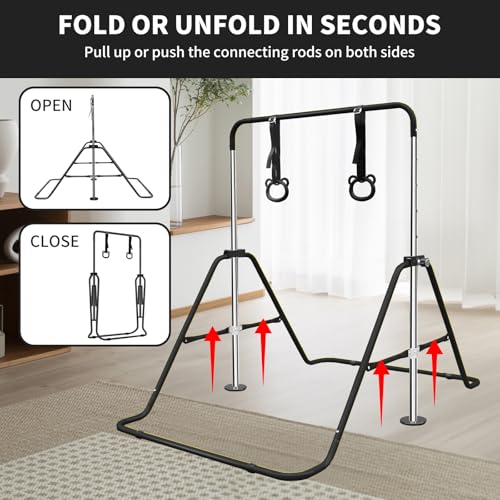 Gymnastics Bars for Kids with Rings, Junior Kip Training Bars Equipment for Home, Folding Height Adjustable Horizontal Bars - color: Black
