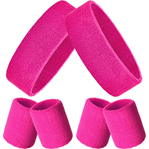 Bememo 6 Pcs Neon Sports Sweatbands Set Sports Competitions Sweatbands 2 Headband 4 Wristbands Breathable Terry Cloth Athletic Bands for Team Soccer Spirit 80s Costumes Cosplay - color: Hot Pink
