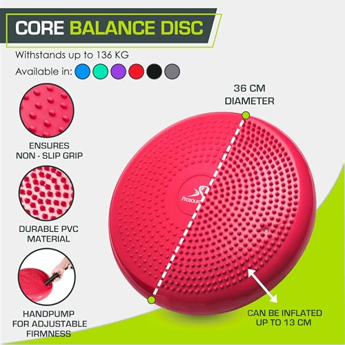 ProsourceFit Core Balance Disc Trainer, 14” Diameter with Pump for Improving Posture, Fitness, Stability - color: Red