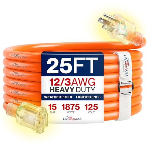 25ft Outdoor/Indoor Extension Cord 12/3 Gauge Extra Heavy Duty 3 Prong SJTW, Waterproof, Flexible Cold-Resistant Long Power Cord,15A 125V 1875W, Orange by LifeSupplyUSA - color: Orange, size: 25 FT, style: 12AWG