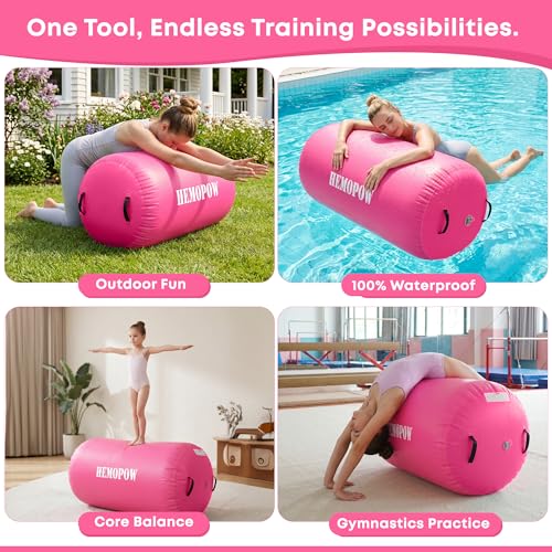 Inflatable Gymnastics Air Barrel Roller with Electric Pump, Heavy Duty PVC Tumbling Barrel Back Handspring Trainer, Air Tumble Track Mat for Home Gym, Cheerleading, Yoga Practice - color: Pink, size: 4'L x 2.5'D