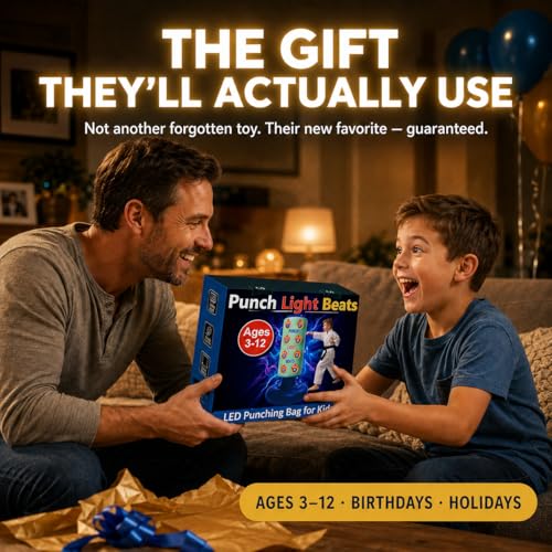 Punching Bag for Kids with Color-Changing LED Lights, Built-in Music & 8 Targets, Inflatable Boxing Set Ages 3-12 with Boxing Gloves & Pump (Batteries Not Included), Sand/Water Fill Base Birthday Gift