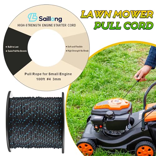 Saillong 3mm 100ft Starter Rope, Pull Cord Rope for Small Engine with 2 Starter Handle, Wear Resistant, Low Stretch, Replacement for Lawn Mower Chainsaw Trimmer Edger Brush Cutter (Black & Blue) - color: Black & Blue, size: 3mm