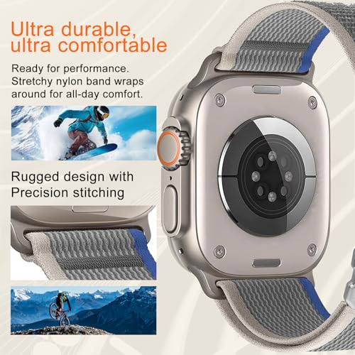 Trail Loop Nylon Band - Compatible with Apple Watch Ultra 2 Band/Ultra Bands 49mm 45mm 44mm Men Women, Braided Elastic Weave Sport Strap for iWatch Ultra 2, iWatch Ultra Series 10 46mm SE/9/8/7/6/5 - color: Trail/Blue Light Gray/Titanium