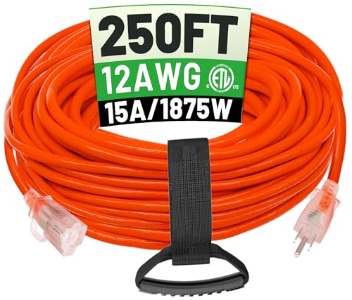 250 ft 12/3 Outdoor Extension Cord Waterproof Heavy Duty with Lighted End 12 Gauge 3 Prong, Flexible Cold-Resistant Long Power Cord Outside, 15Amp 1875W SJTW Orange ETL Listed POWGRN - color: Orange, size: 250 FT