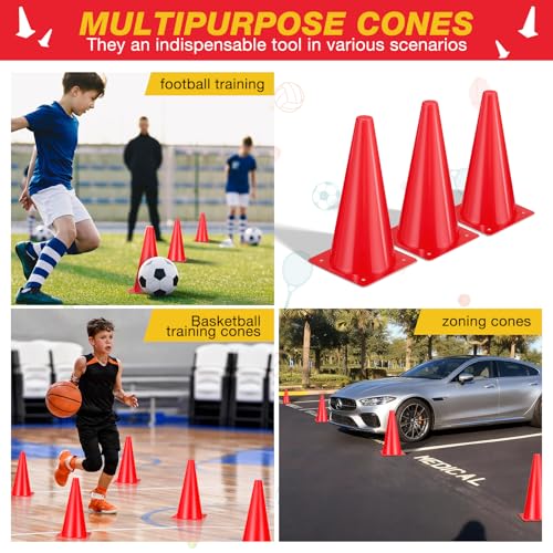 12 Inch Sports Cones Set of 24,Durable Training Cones for Soccer,Football, Basketball Drills - Multi-Purpose Agility Cones for Indoor & Outdoor Practice - color: red
