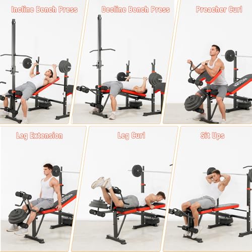 MAIDOMA Foldable 1500LBS Capacity 8 IN 1 Weight Bench Set with Leg Extension/Squat Rack/Preacher Curl, Adjustable Bench Press for Home Gym Full Body Workout (US Stock) - color: Red