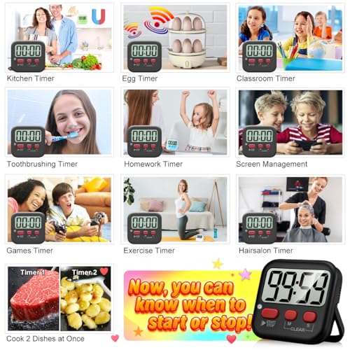 Antonki 2 Pack Digital Timer for Kids, Magnetic Countdown Kitchen Timers for Cooking, Egg, Classroom, Teacher, Exercise, Study, Oven - Battery Included - color: New Black