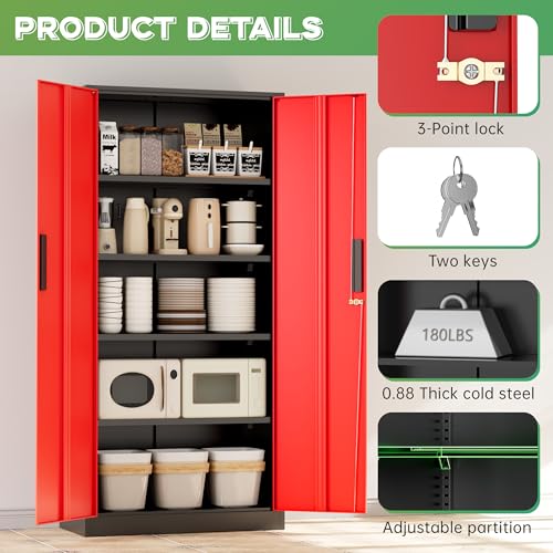 INTERGREAT Metal Storage Cabinet,72" Steel Lockable File Cabinet with Locking Doors and Adjustable Shelves,Locking Tool Cabinets for Office,Home,Garage,Gym,School (Black Red) - color: Black Red, size: MSC-D16