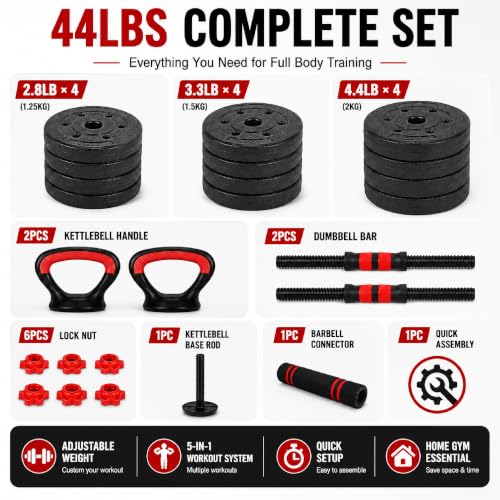 Garvee 5 in1 Adjustable Dumbbell Set 45/55/66LBS with Connector,Free Weight | Space Saving Home Gym Weight Set Converts to Barbell, Kettlebell, Push Up Stand , Full Body Fitness Equipment for Men Women - size: 45lbs (22.5lbs*2)