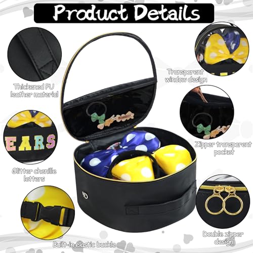Translucent Mouse Ears Travel Case, Chenille Letter Headband Ears Holder Waterproof Hair Accessories Organizer Storage for Women Adults Gift Large Thicken Makeup Snack Bag for Park Travel - color: Black