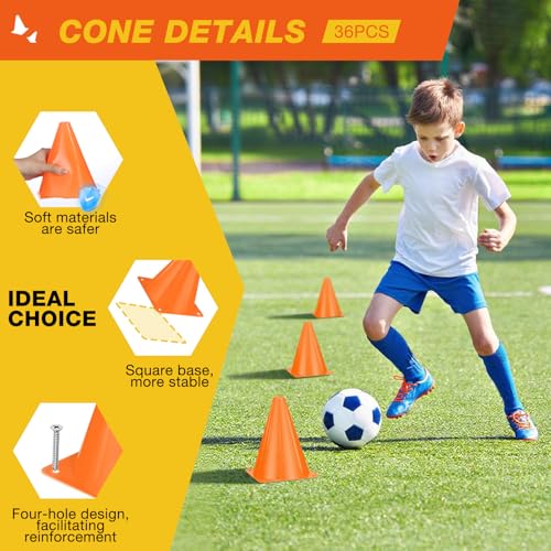 36pcs Cones 7 Inch Soccer Cones and Plastic Traffic Cones, Durable Cones for Sports Training, Ideal for Soccer, Basketball, Football, Skating, and Agility Drills Practice - color: orange