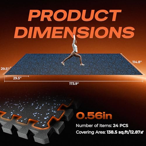 SUPERJARE 30" x 30" Larger Rubber Top Exercise Equipment Mats, 0.56" Thick 24PCS 150 Sq Ft High-Density EVA Foam Interlocking Gym Flooring, Big Workout Mat for Home Gym, Floor Protection, Black/Blue - size: 24 Tiles (150 Sq Ft)