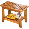 24" Large Teak Shower Bench with Shelf & Handle - Waterproof Spa Stool, Non-Slip Leveling Feet & 300 lbs Capacity - for Showers, Saunas/Steam Rooms & Outdoor Pools (Patented) - size: 24"W x 13" Dx 18"H