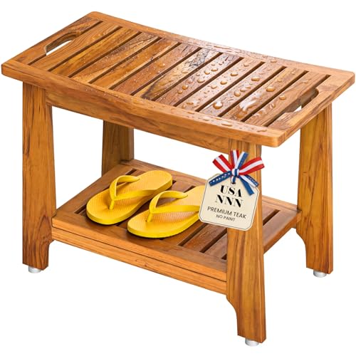 24" Large Teak Shower Bench with Shelf & Handle - Waterproof Spa Stool, Non-Slip Leveling Feet & 300 lbs Capacity - for Showers, Saunas/Steam Rooms & Outdoor Pools (Patented) - size: 24"W x 13" Dx 18"H