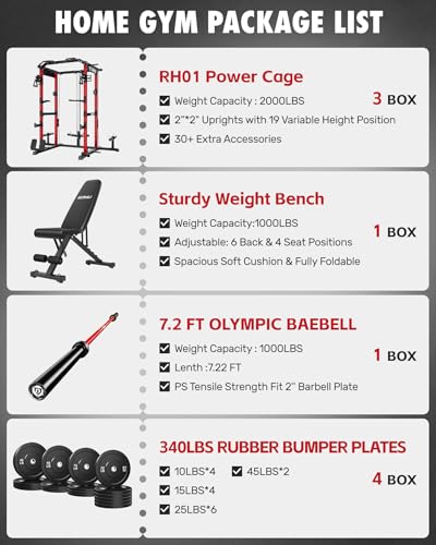 RH01 Power Cage Rack, 2000LBS Squat Rack with with Cable Crossover System&LAT Pull Down System, Multi-Function Workout Cage for Home&Garage Gym - color: Red, size: RH01 Power Cage with 340LB Weights