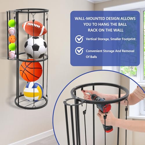 Garage Ball Storage Rack, Wall Mounted with Side Ball Basket, Black | Side Small Ball Basket, Vertical Sports Equipment Organizer for Basketball, Soccer, Football, Volleyball,Garage Gym Game Room