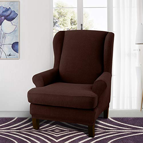 Granbest Premium Water Repellent Wingback Chair Cover 2-Piece High Stretch Jacquard Fabric Wing Back Chair Slipcovers (Wing Chair Cover, Chocolate) - color: Chocolate