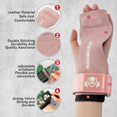 MANUEKLEAR Gym Straps Weight Lifting, Double Leather Lifting Straps for Men Deadlift with Cushion Wrist Loop, Gym Lifting Wrist Wraps for Weightlifting - color: Size S - Pink