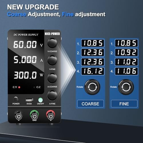 NICE-POWER DC Power Supply Variable 60V 5A, Adjustable Switching Regulated DC Bench Power Supply with Output Switch, High Precision 4-Digit LED Display, Benchtop Lab Power Supplies with 5V/2A USB Port - size: 60V 5A