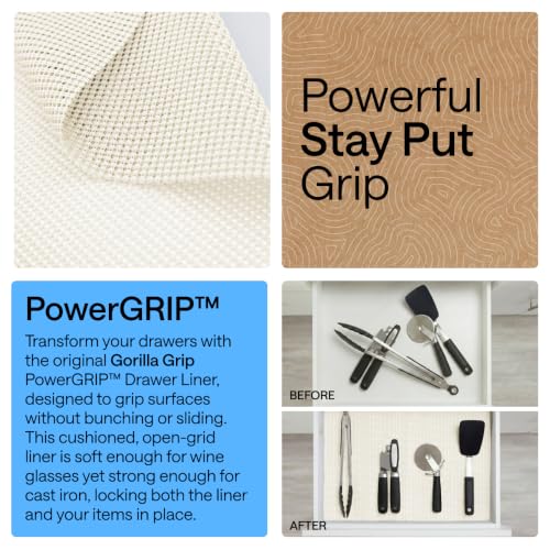GORILLA GRIP powerGRIP Drawer Shelf and Cabinet Liner, Thick Strong Hold, Non-Adhesive Liners Protect Kitchen Cabinets and Cupboard, Bathroom Drawers, Easy Install, Breathable Mat, 12" x10' Cream - color: Cream, size: 12" X 10', style: 12" x 10'