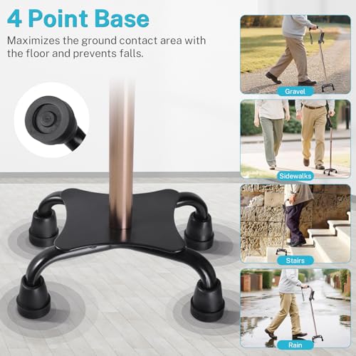 Adjustable Walking Cane for Men & Women – 4-Pronged Base for Stability – Foldable Cane for Seniors with Foam Padded Offset Handle(Champagne)