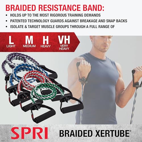 SPRI Braided Xertube Resistance Bands – Premium Exercise Band for Men & Women – Workout Equipment for Home Gym Fitness Training – Comfort Grip for Strength, Weights, and Resistance | Premium Braided Construction | Comfort Grip Handles | Home Gym Strength