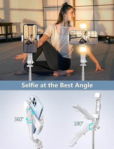 45'' Selfie Stick with Light, Travel Tripod Essentials with Wireless Remote | Portable Cell Phone Tripod Stand, Beach Cruise Ship Essentials for family, Compatible with 4-7.2" All Smartphone - color: White - 45" Standard Height