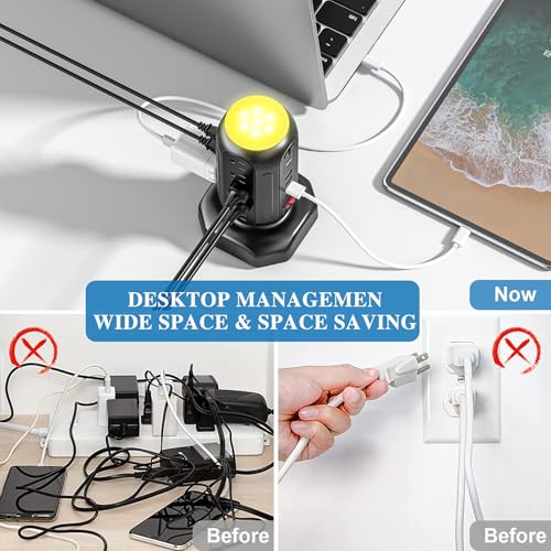 Multiple Outlets Surge Protector, PD 30W Fast Charging Power Strip Tower with RGB Night Light, 15 AC Outlets Power Tower, 2 Type C and 4 USB Ports, 6.5FT Retractable Extension Cord Charging Station - color: Black -PD 30W