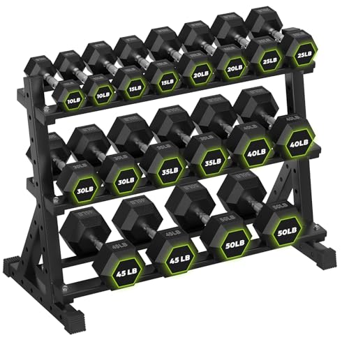 HANDBODE Dumbbell Set with 3-Tier Rack, 390-790 lb | Heavy Duty Weight Stand for Dumbbells, Space-Saving Metal Storage Organizer, Sturdy Dumbbell Holder for Home Gym - style: 540 lb Set (10-50 lb) *2 & Rack