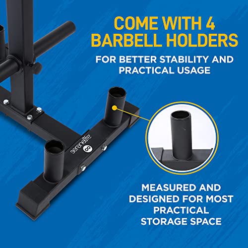 SereneLife 6-Pegs Olympic Weight Plate Rack & 4 Barbells - 800 Pounds Capacity, Heavy Duty Gym Organizer, Scratch Resistant Frame, Powder-Coat Finish, Easy to Assemble, Compact & Space-Saving