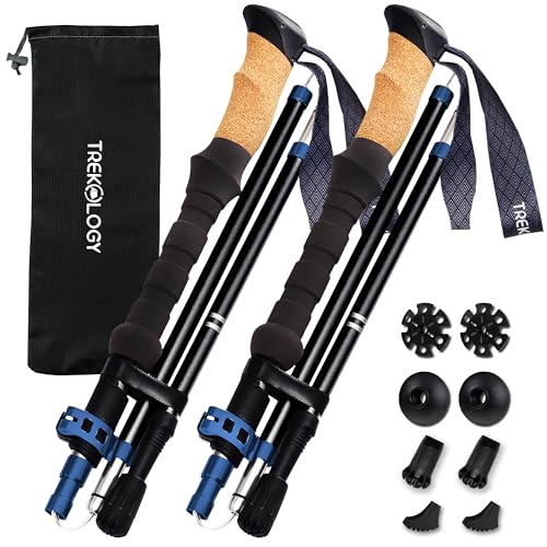 TREKOLOGY Trek-Z Cork Grip Trekking Poles – Lightweight Folding Hiking Poles, Adjustable Height, Compact Travel Design, Aircraft-Grade Aluminum Walking Sticks for Men & Women - color: Black with Blue